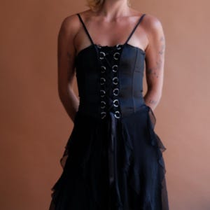 Vintage Y2K Bebe Gothic Fairy Corset Dress with Silk Hankie Hem/ Black Dress/ Size Medium