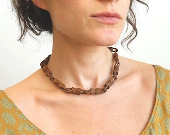 Vintage Folk Art Continuous Carved Chain Whimsy Necklace with Sterling Silver