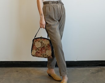 Vintage 60s Carpet Handbag/ Embroidered Floral Brocade Black Vinyl Purse