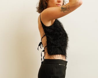 Vintage Y2K Fuzzy Backless Black Top/ Size Small