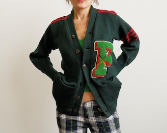 Vintage 50s Collegiate Wool Cardigan with Chainstitched patches/ 1950s Varsity Letters Green Red/ Ivy League/ Size Small
