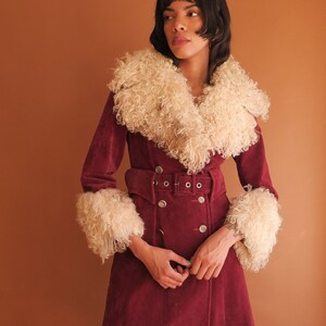 Vintage 70s Mongolian Lamb Fur Trim Coat/ 1970s Penny Lane Belted Jacket/ Size Medium image 1