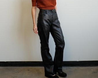 Vintage Black Leather Zip Front Pants/ Size Medium