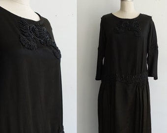 1920s Black Beaded Gown/ 20s Deco Flapper Drop Waist Dress/ Size Medium