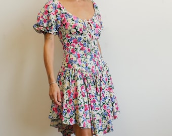Vestido vintage de los 90 con corsé floral y mangas abullonadas / Talla mediana