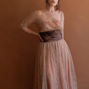 Vintage 50s Beige Lace Dress with Silk Sash Waist/ 1950s Fit and Flare Sheer Bodice Dress/ Size Medium 28