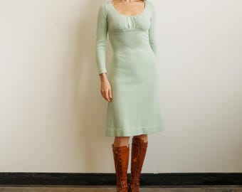 Vintage 70s Seafoam Knit Long Sleeve Dress/ Size XS