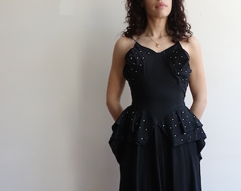 Vintage 40s Black Rhinestoned Peplum Gown/ 1940s Taffeta Spaghetti Strap Dress with Ruffle Layers/ Size XS Small