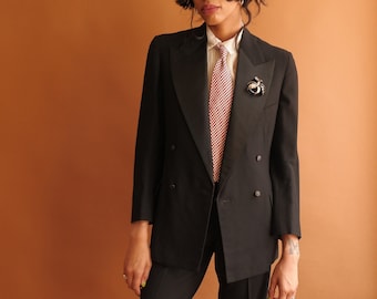 Vintage 30s Black Tuxedo Jacket/ 1930s Wool and Silk Double Breasted Jacket/ Petite Small