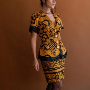 Vintage 90s Christian Lacroix Hand Painted Goldenrod Skirt Suit with Raffia Trim/ Size Medium