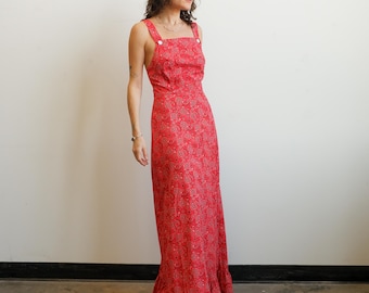 Vintage 70s Red Bandana Print Maxi Dress/ Size Small Medium