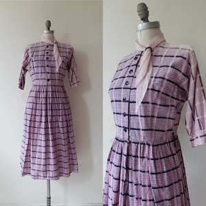 Vintage 40s Cotton Dress with Scarf Loop Collar/ 1940s Button Up Day Dress/ Size Medium