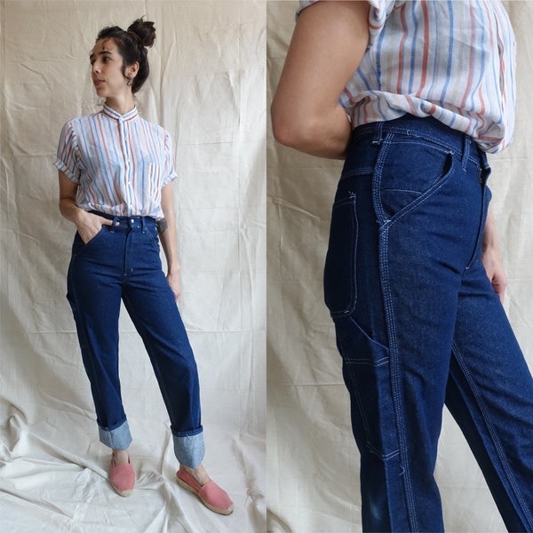 Vintage Carpenter Jeans/ 1980s Dark Wash High Waisted Stone Cutter Denim/ Size XS