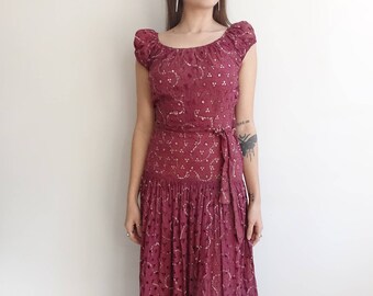 Vintage 30s Cotton Eyelet and Sequin Dress/ 1930s Drop Waist Gown/ small medium