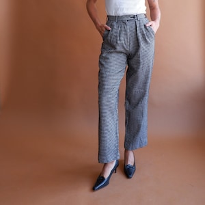 Vintage 90s Giorgio Armani Black and White Checked Trousers/ 1990s Wool Silk High Waisted Pants/ Size XS 24 Short