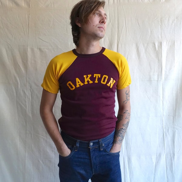 Vintage 70s Two Tone Raglan Jersey/ 1970s Maroon and Gold Oakton Rayon T Shirt/ Athletic Wear/ Size Small