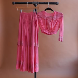 Antique Edwardian Pink Cotton Blouse and Skirt/ 1900s 1910s Crochet Lace Lawn Dress/ Size XXS