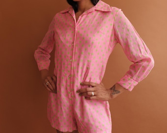 Mono vintage de lunares de los años 70/ Mono de gasa de algodón rosa y verde de los años 70/ Talla mediana