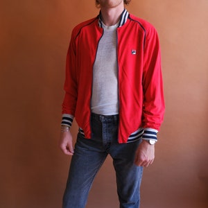Vintage 70s FILA Red Track Jacket/ 1970s Zip Off Sleeve Red Blue Velour Jacket/ Size Large image 1