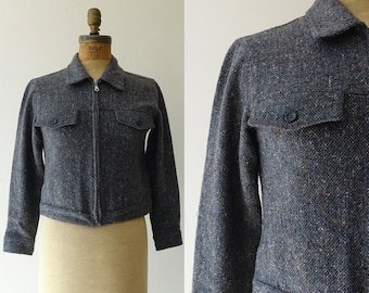 Vintage 50s Blazer Mid Century Olive Green Velvet Gray Colored Speckled Wool Tweed Cropped Jacket