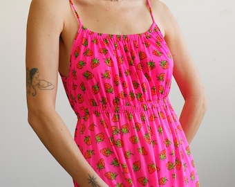Vintage 70s Electric Pink Strawberry Maxi Dress/ Medium
