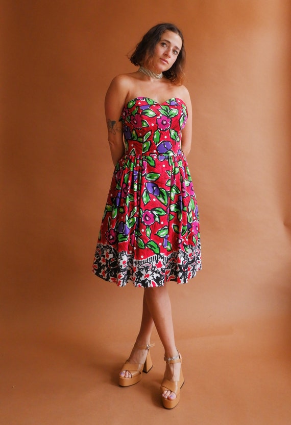 Vintage 80s Floral Strapless Cotton Dress/ 1980s … - image 9