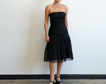 Vintage Y2k Tiered Lace Strapless Black Cocktail Dress/ Drop Waist Party Dress/ Size Small