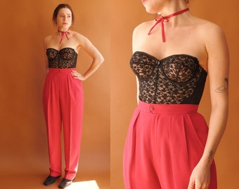 Vintage 80s Red Trousers/ 1980s High Waisted Cuffed Pants/ Size 26