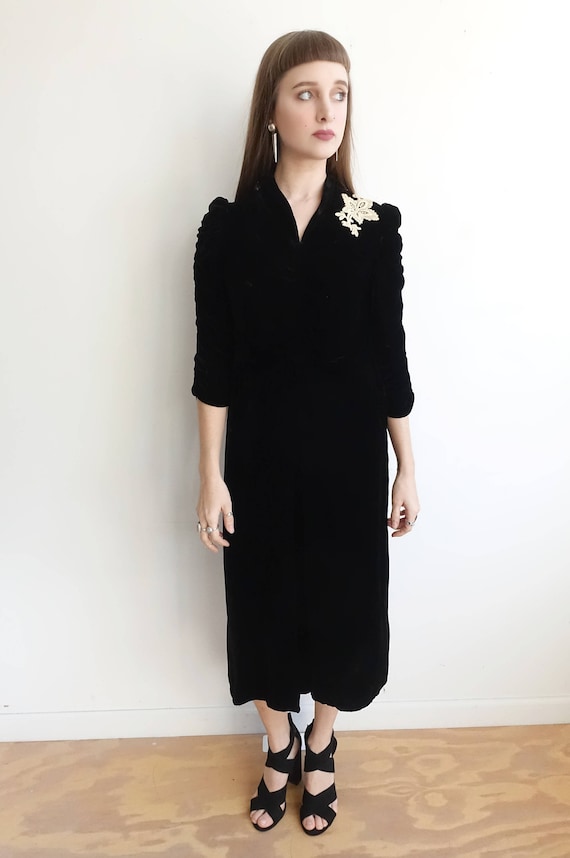 Vintage 30s Black Silk Velvet Dress with Lace Appl