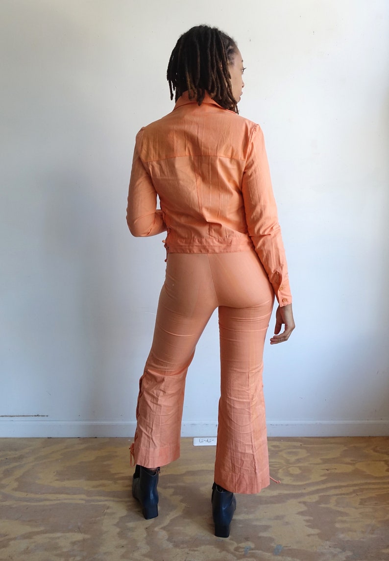 Vintage 70s Peach Lace Up Pants Suit/ 1970s Wendy Watts High Waisted Bell Bottoms/ Matching Jacket/ Stage Wear/ Size Small image 6