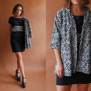 Vintage 50s Damask Wiggle Dress and Jacket Set/ 1950s Black and White Cotton Two Piece Set/ Size XS
