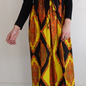 Vintage 60s Corset Waist Psychedelic Print Maxi Dress/ 1960s 1970s Long Sleeve Colorful Dress with Lace Up Waist/ Size Medium image 3