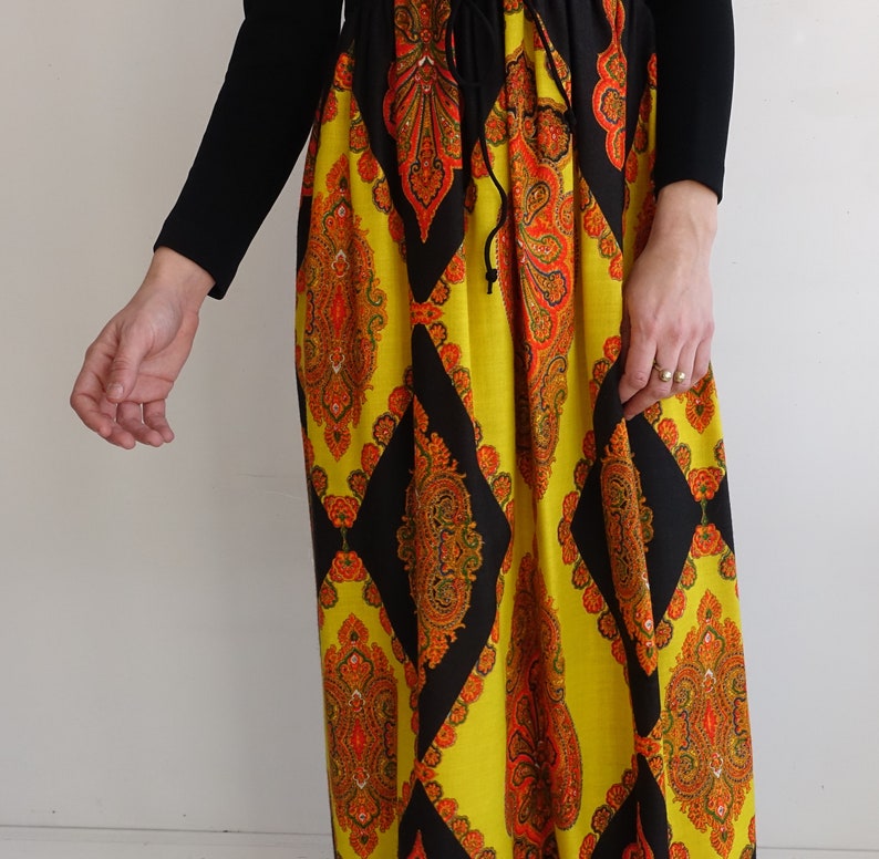 Vintage 60s Corset Waist Psychedelic Print Maxi Dress/ 1960s 1970s Long Sleeve Colorful Dress with Lace Up Waist/ Size Medium image 3