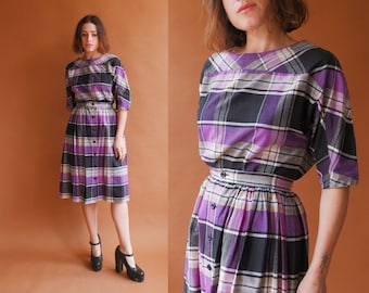 Vintage 80s Cotton Plaid Set/ 1980s Blouse and Skirt Co Ord Matching Set/ Size XS 24 25