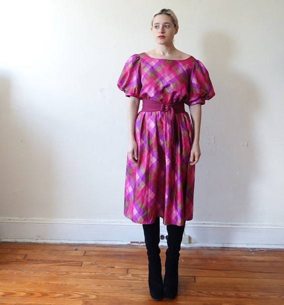 Vintage 80s Plaid Puff Sleeve Checked Dress/ 1980s
