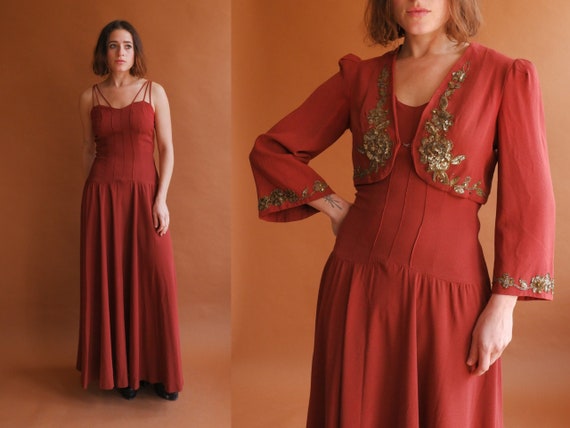 Vintage 40s Rust Gown with Bell Sleeve Bolero/ 19… - image 1