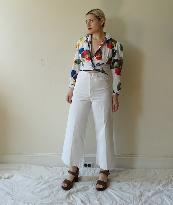 Vintage White Cotton Sailor Trousers/ High Waisted