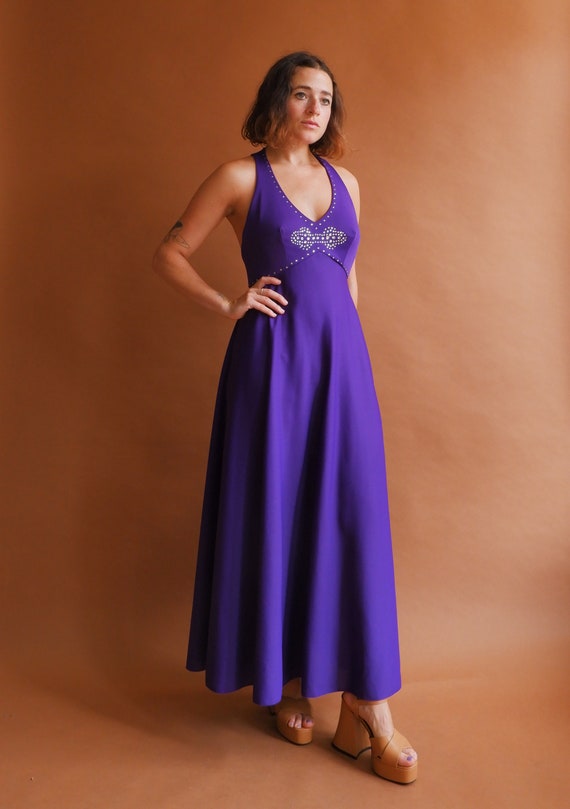 Vintage 70s Rhinestone Halter Dress/ 1970s Disco Studded Purple