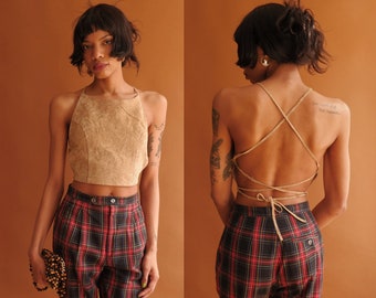 Vintage Leather Backless Top/ 90s Y2K Tan Lace Print Suede Top/ Size Small