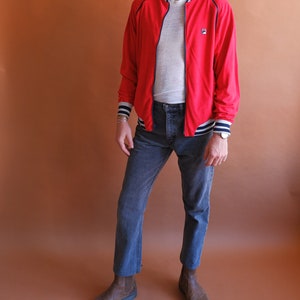 Vintage 70s FILA Red Track Jacket/ 1970s Zip Off Sleeve Red Blue Velour Jacket/ Size Large image 3