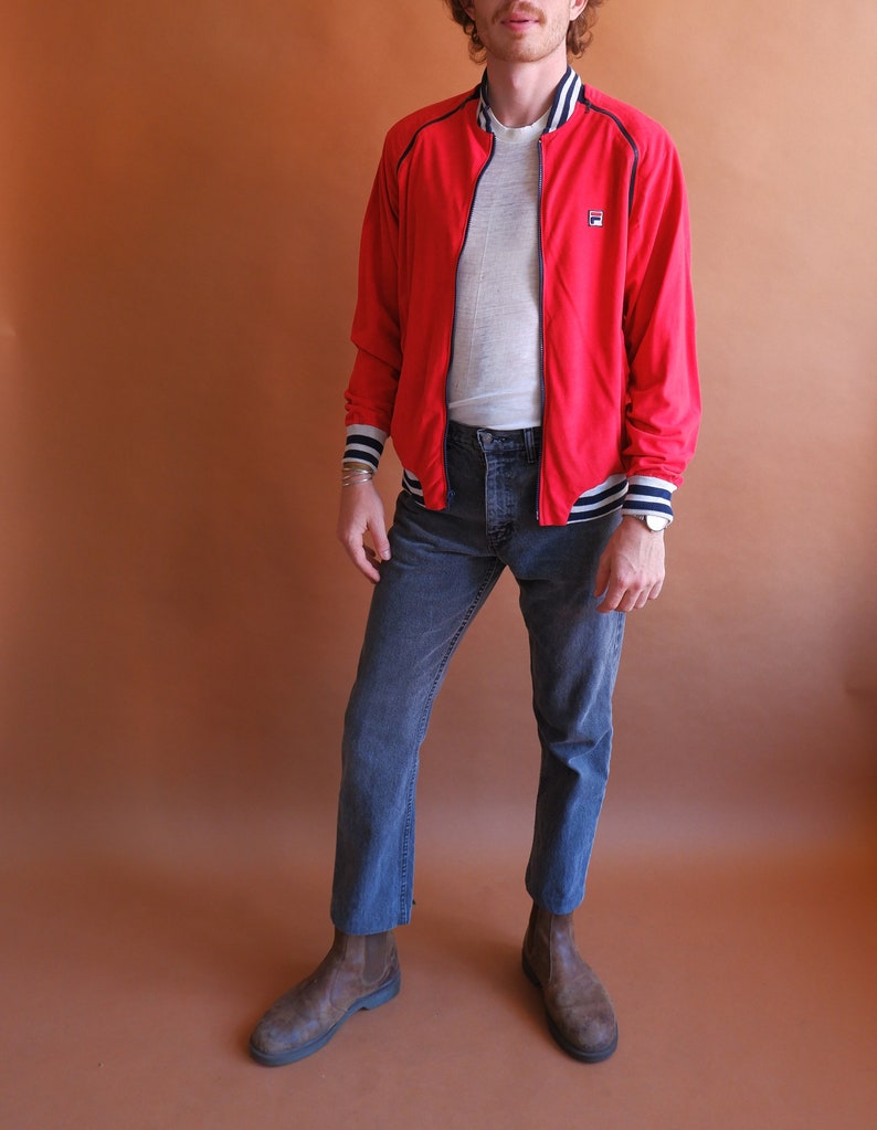 Vintage 70s FILA Red Track Jacket/ 1970s Zip Off Sleeve Red Blue Velour Jacket/ Size Large image 3