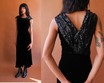 Vintage 30s Black Velvet and Sequin Bias Cut Gown with Low Back/ Size Small Medium
