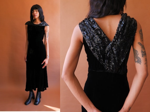 Vintage 30s Black Velvet and Sequin Bias Cut Gown… - image 1