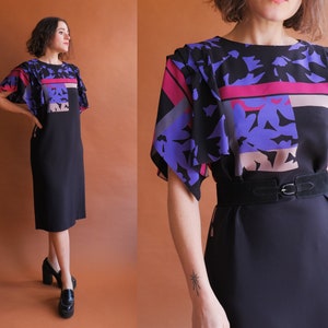 Vintage 80s Rayon Flutter Sleeve Shift Dress/ Size Small image 1