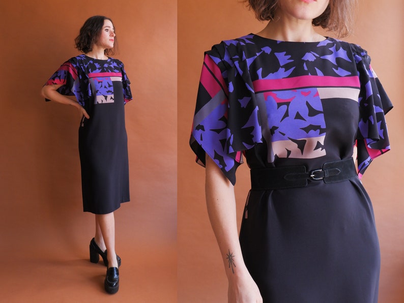 Vintage 80s Rayon Flutter Sleeve Shift Dress/ Size Small image 1