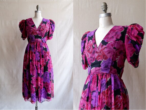 Vintage 80s Puff Sleeve Floral Dress/ 1980s Purple