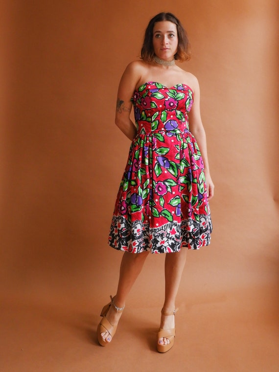 Vintage 80s Floral Strapless Cotton Dress/ 1980s … - image 2