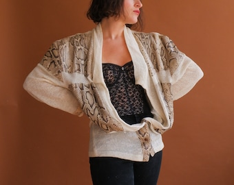 Vintage 80s SNAKESKIN and Mesh Jacket/ 1980s Strong Shoulder Cardigan/ Size Medium