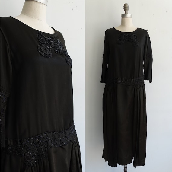 1920s Black Beaded Gown/ 20s Deco Flapper Drop Wa… - image 1