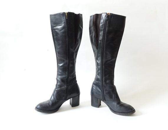 Vintage 70s Black Leather Boots/ 1970s Knee High C